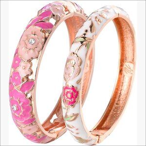 Vintage Cloisonne Enameled Rhinestone Hinged Cuff Bangle Bracelet